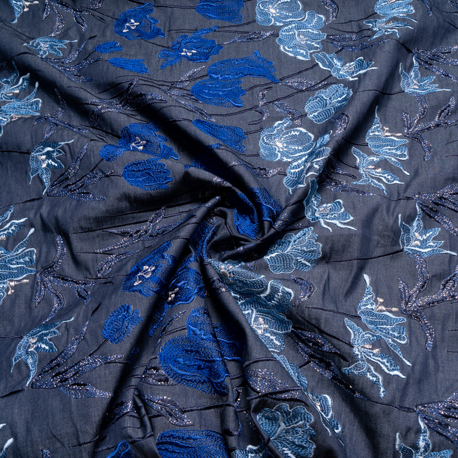 Floral Embroidered Cotton Blue Denim