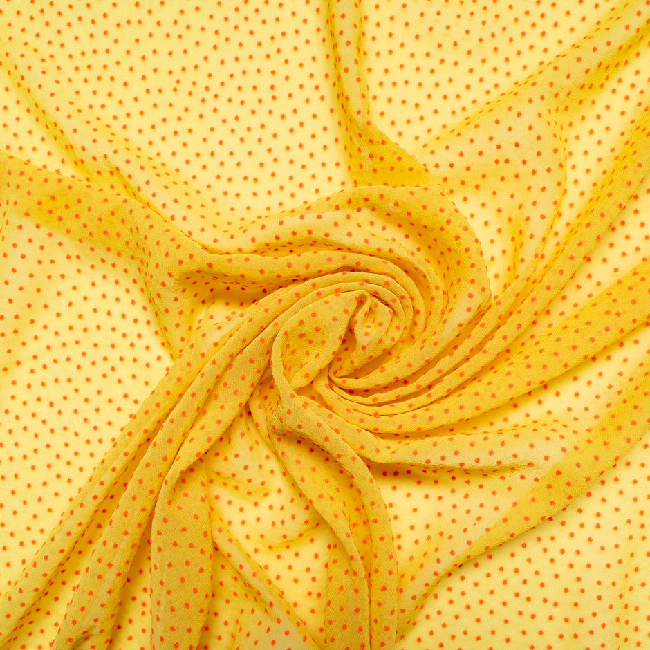 Bright Orange Flock Spotted Yellow Silk Georgette