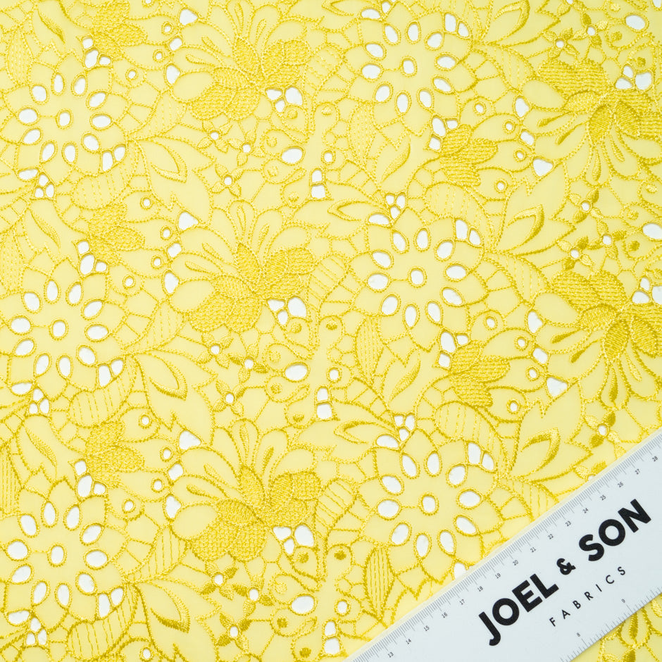 Floral Embroidered Canary Yellow Silk Blend Georgette