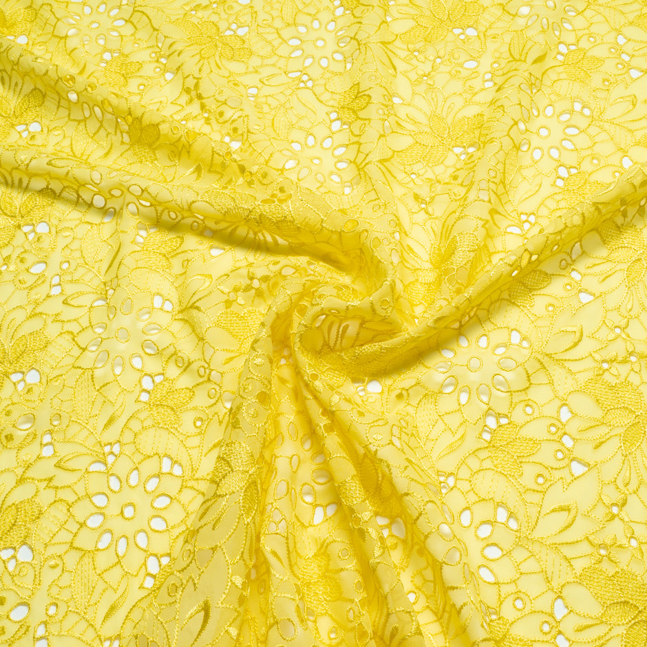 Floral Embroidered Canary Yellow Silk Blend Georgette