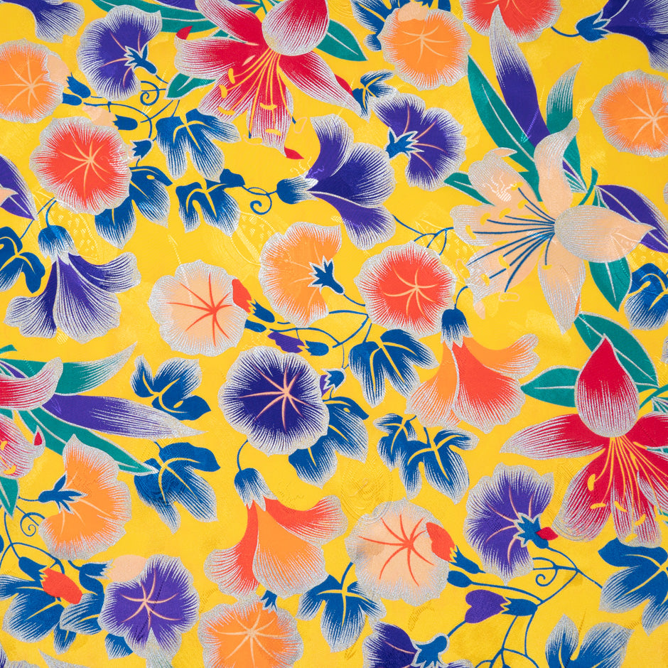 Large Multi Floral Laminate Yellow Silk Jacquard
