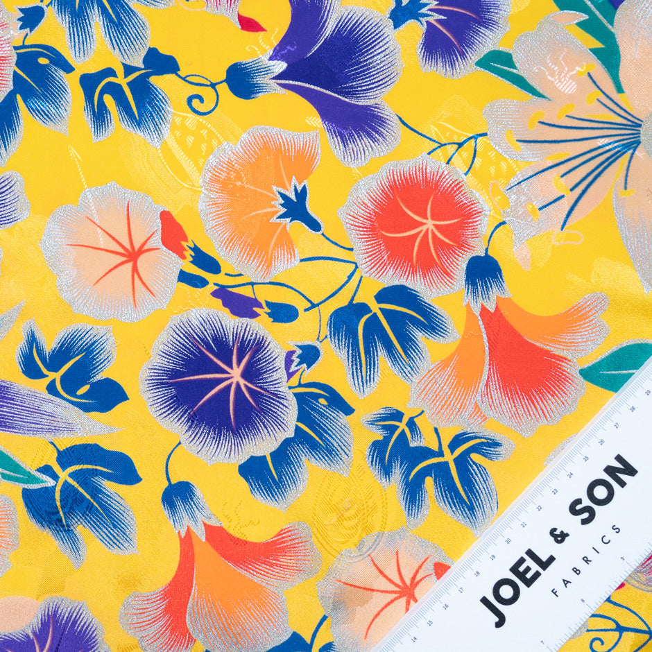 Large Multi Floral Laminate Yellow Silk Jacquard