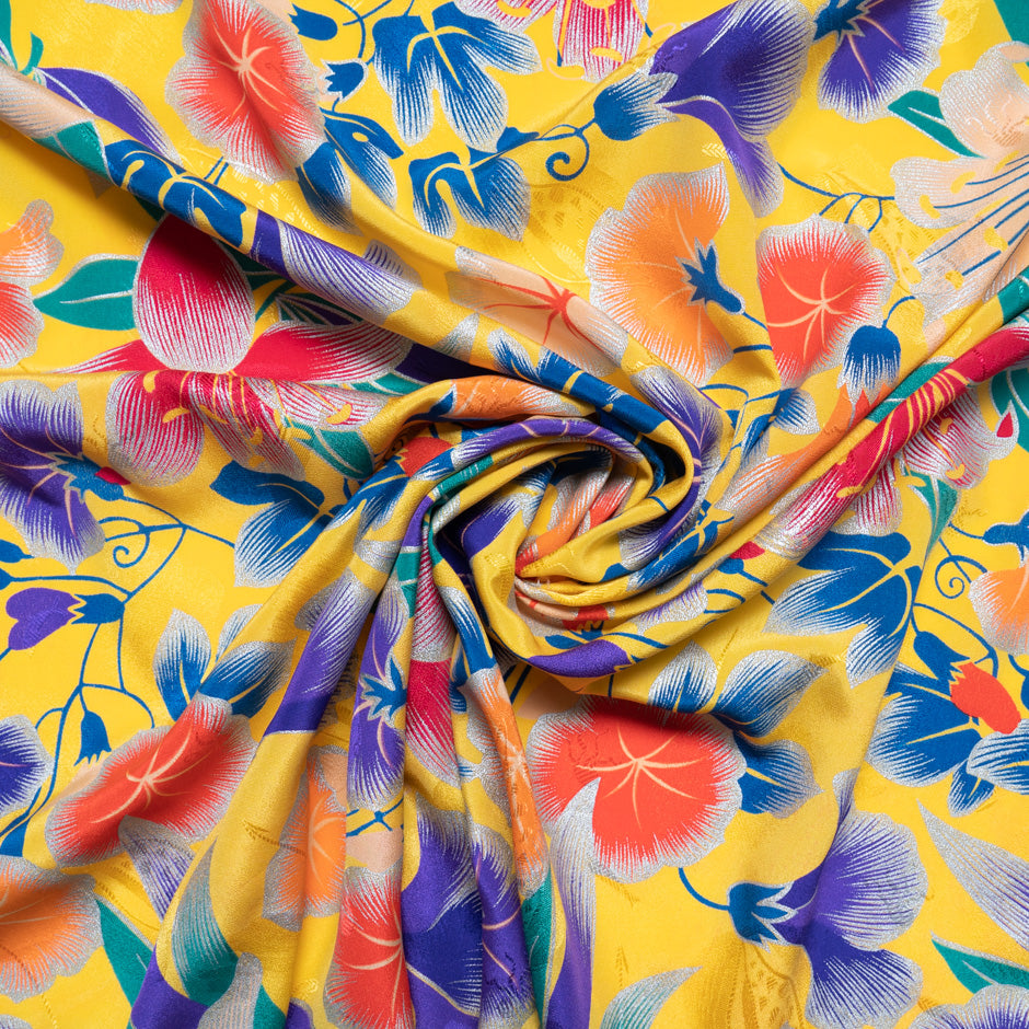 Large Multi Floral Laminate Yellow Silk Jacquard