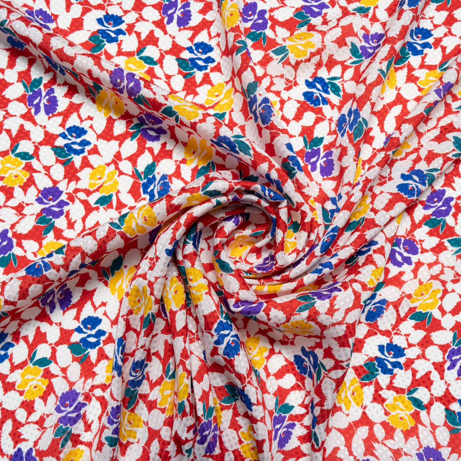 Floral & Leaf Printed Red Silk Jacquard