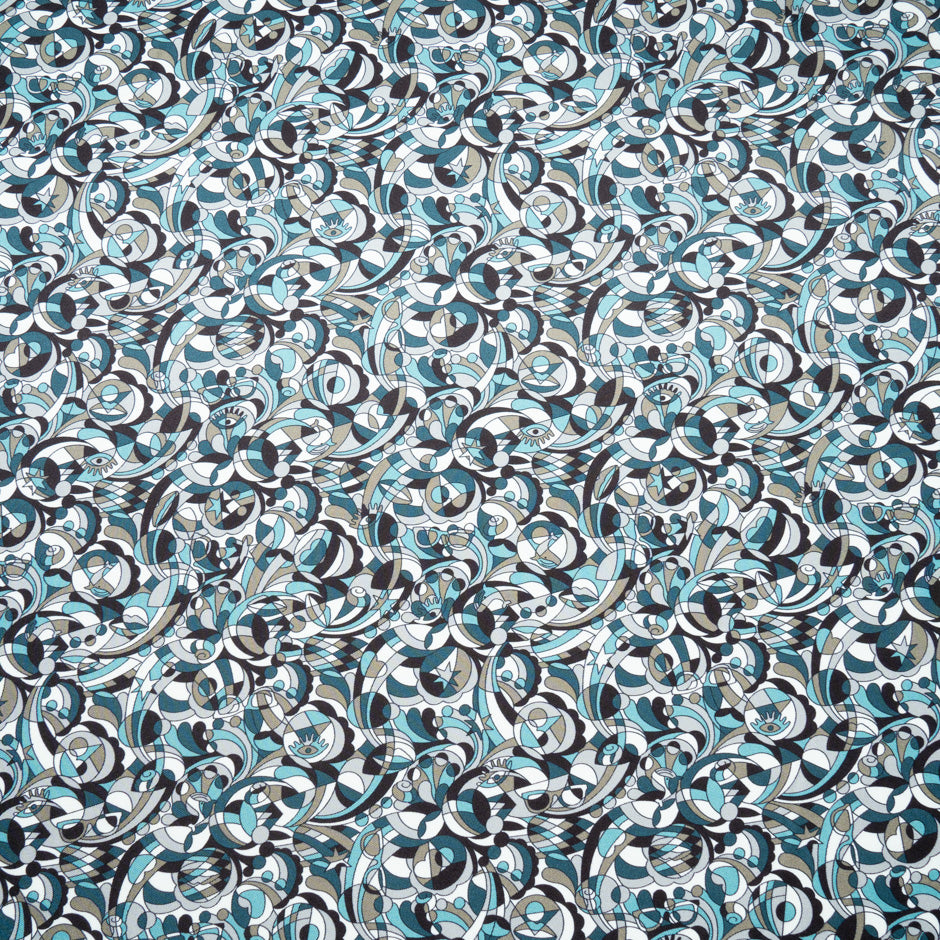 Turquoise & Black Pattern Printed Silk Twill