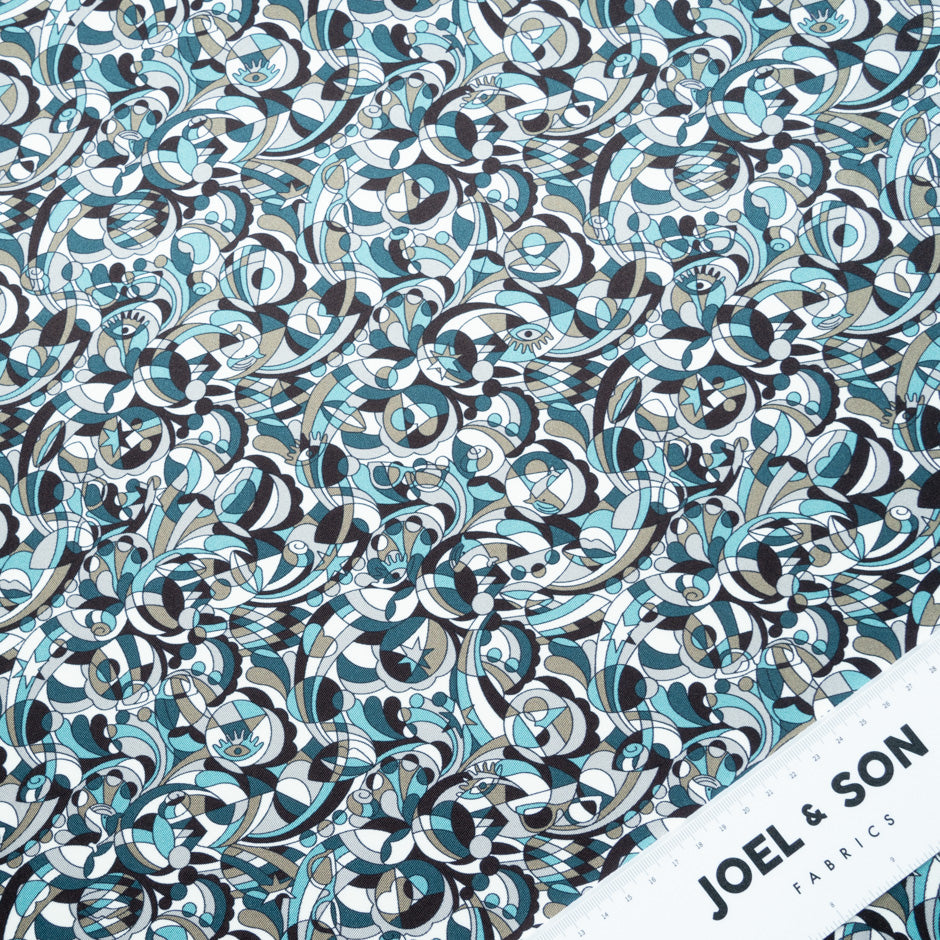 Turquoise & Black Pattern Printed Silk Twill