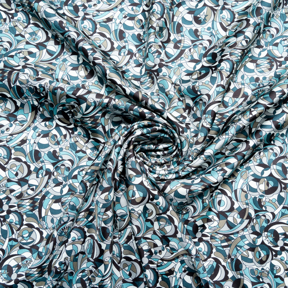 Turquoise & Black Pattern Printed Silk Twill