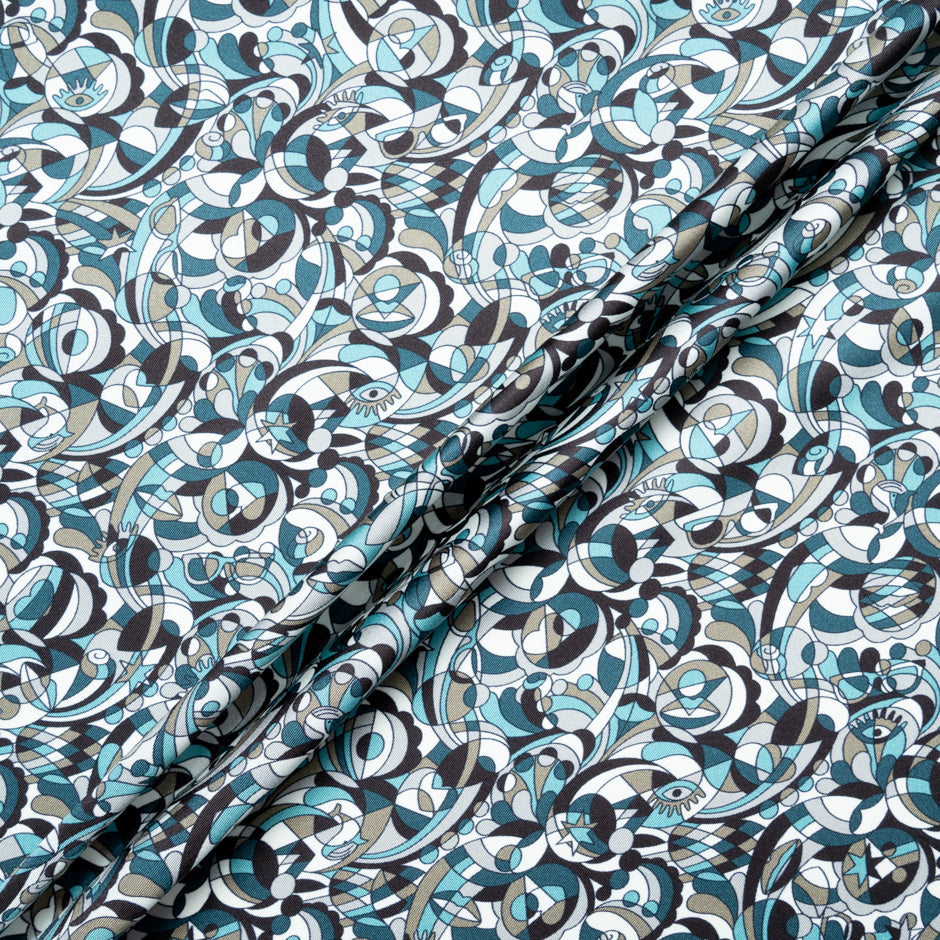 Turquoise & Black Pattern Printed Silk Twill