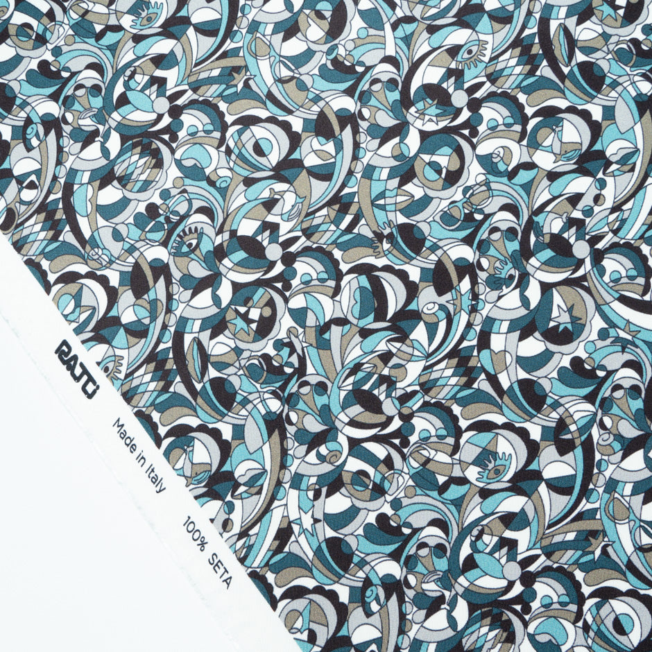 Turquoise & Black Pattern Printed Silk Twill