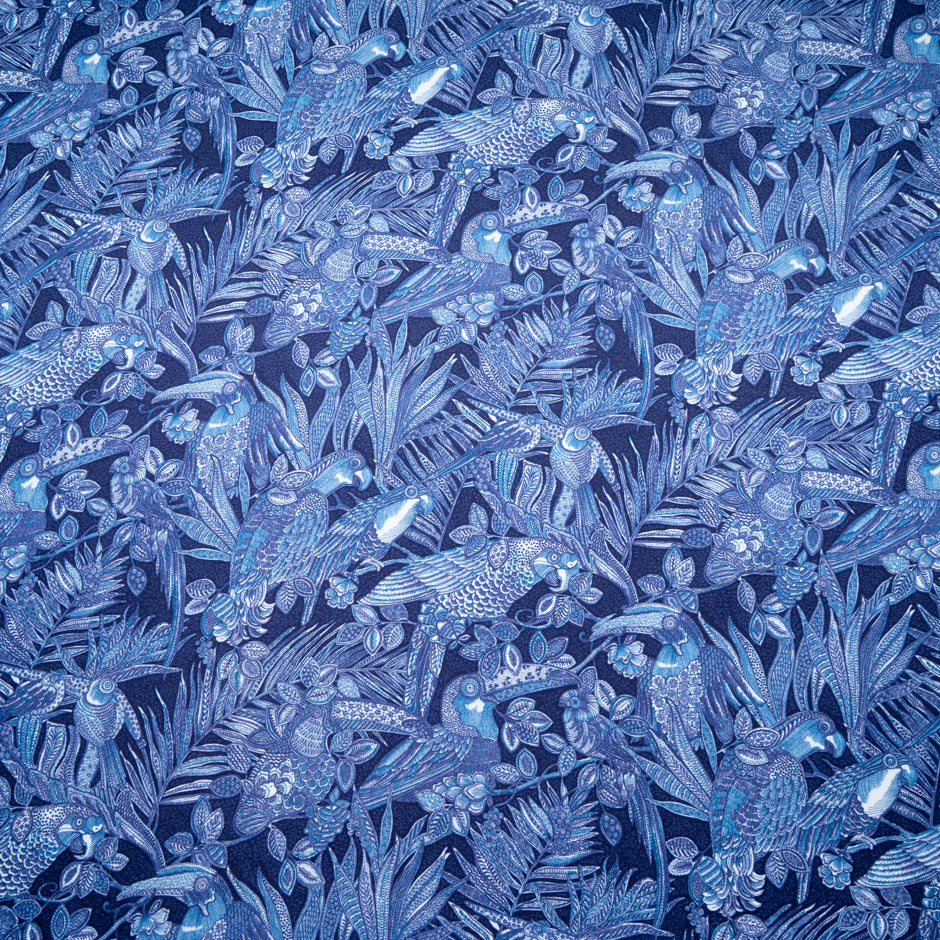 Deep Blue Leaf Printed Silk Twill