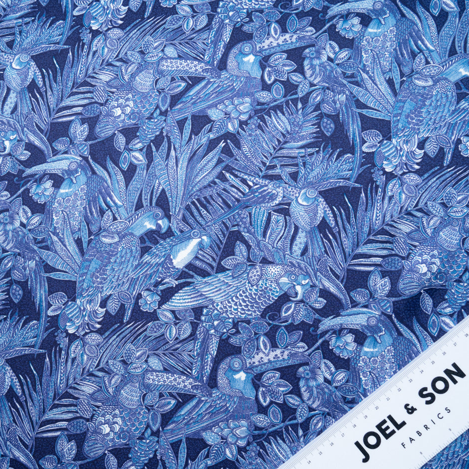 Deep Blue Leaf Printed Silk Twill