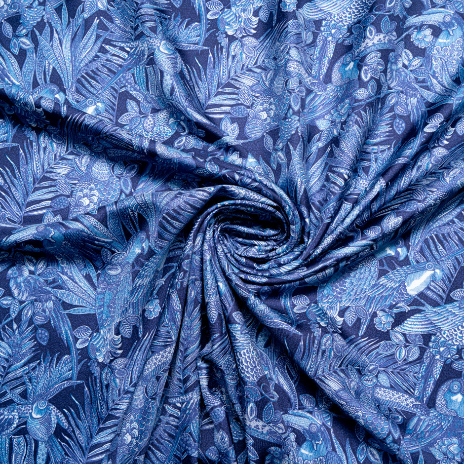 Deep Blue Leaf Printed Silk Twill