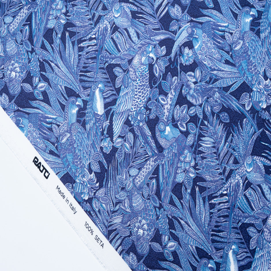 Deep Blue Leaf Printed Silk Twill