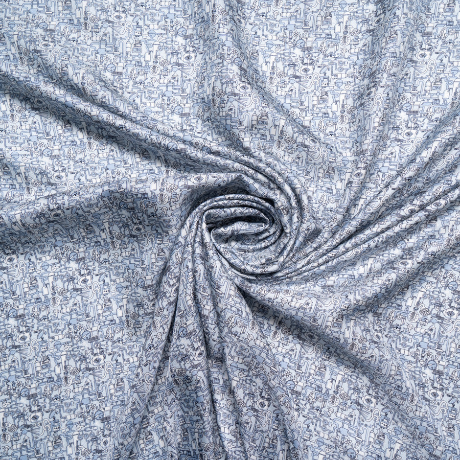 Soft Blue Pattern Printed Silk Twill