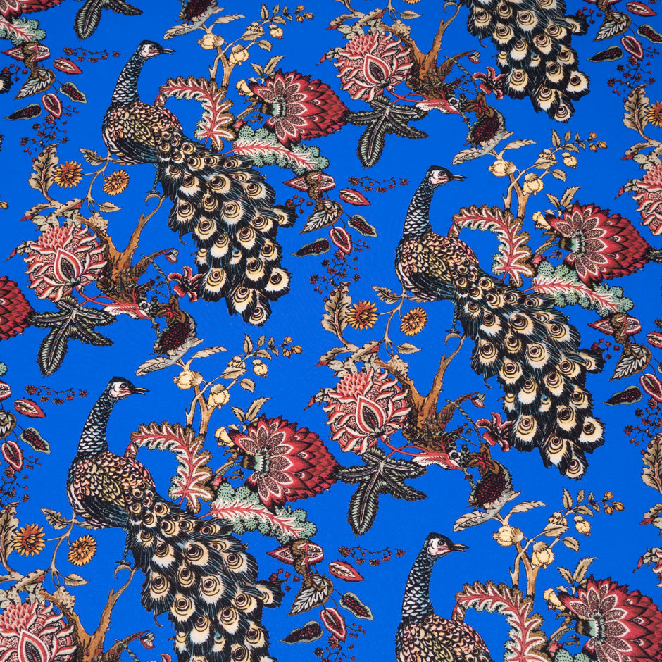 Peacock Printed Bright Blue Silk Crêpe de Chine