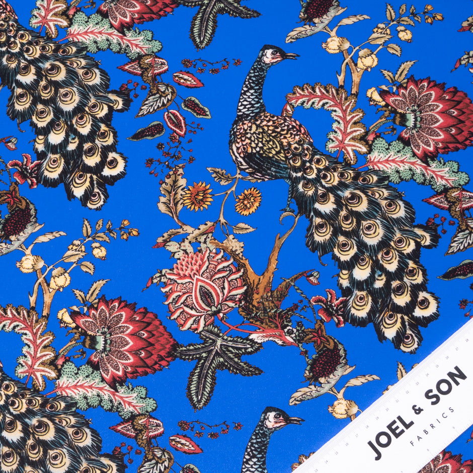 Peacock Printed Bright Blue Silk Crêpe de Chine
