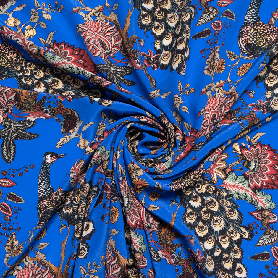 Peacock Printed Bright Blue Silk Crêpe de Chine