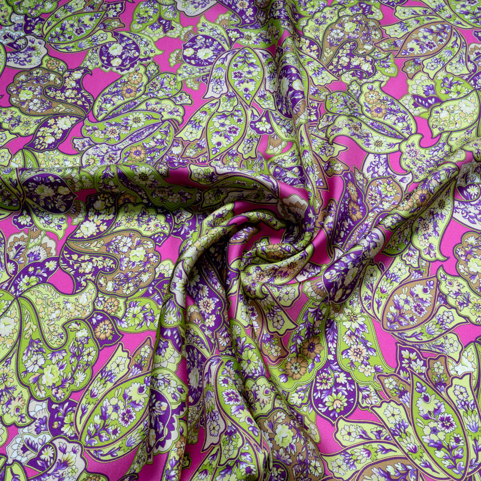 Green, Purple & Pink Floral Printed Silk Twill
