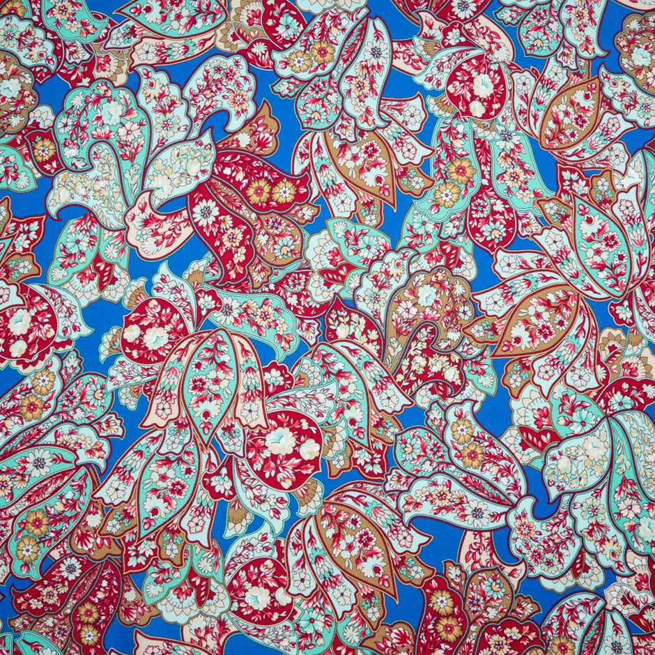 Ice Blue & Red Floral Printed Royal Blue Silk Twill