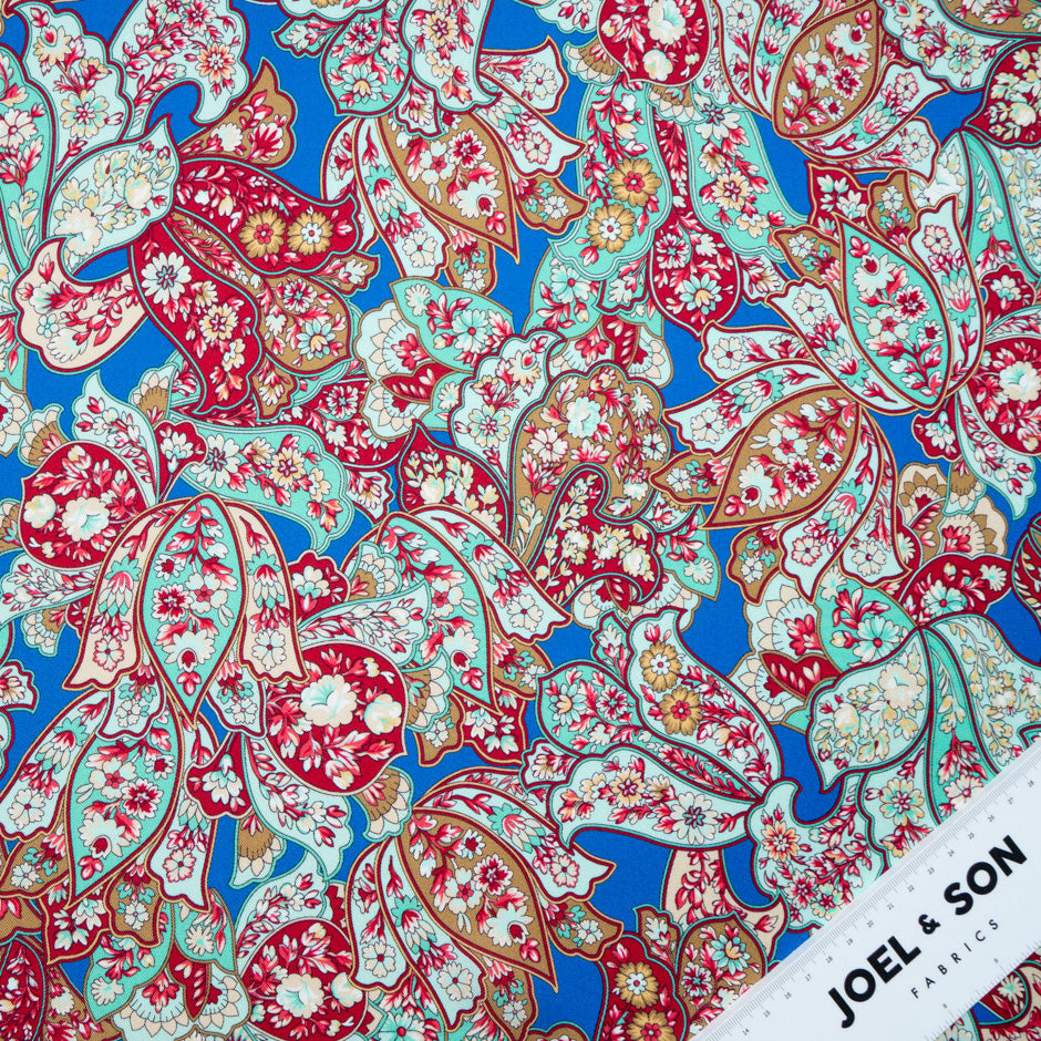Ice Blue & Red Floral Printed Royal Blue Silk Twill