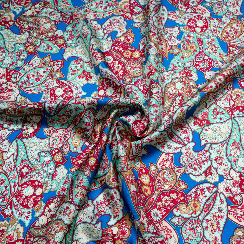 Ice Blue & Red Floral Printed Royal Blue Silk Twill