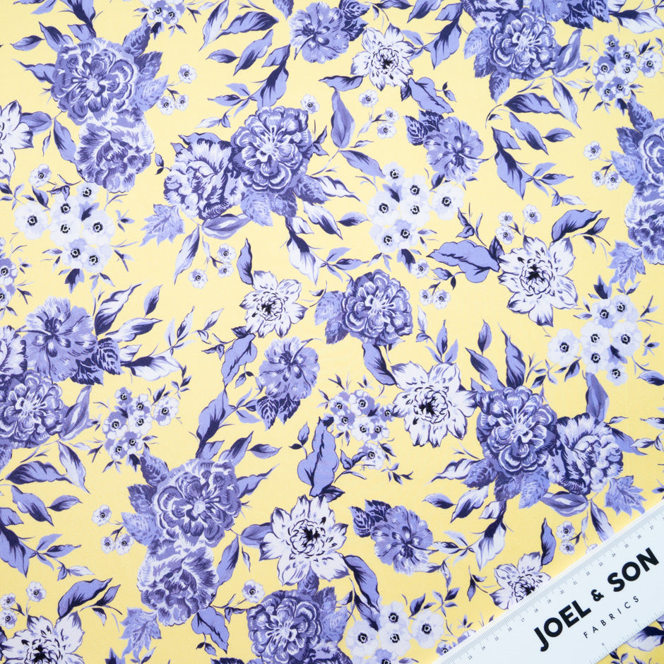 Lavender Floral Printed Yellow Pure Silk Twill