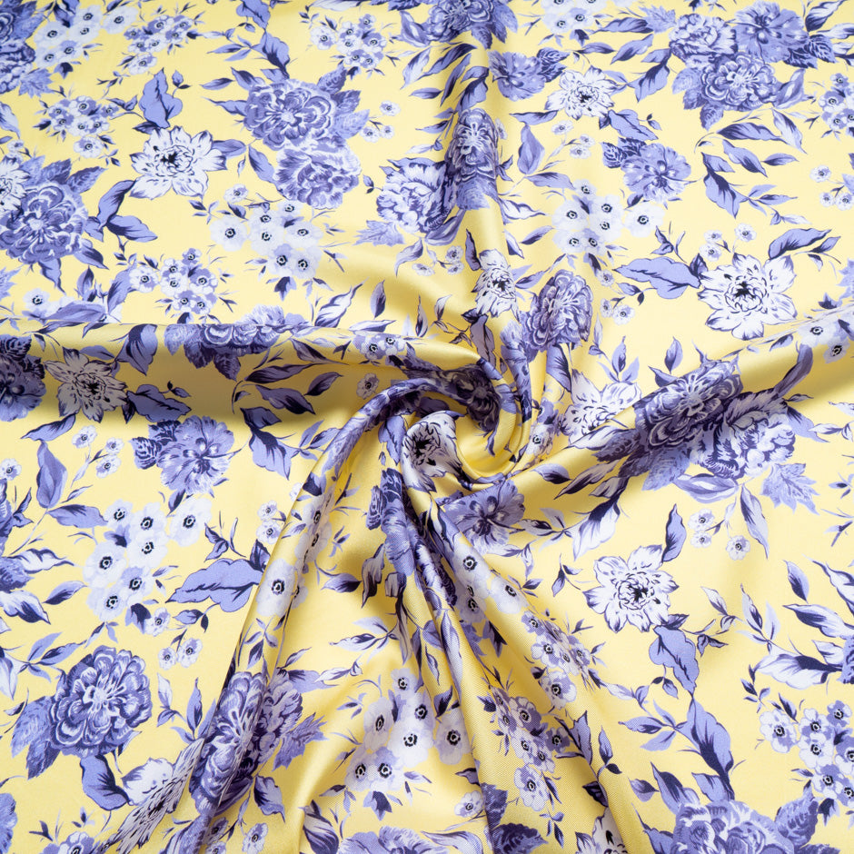 Lavender Floral Printed Yellow Pure Silk Twill