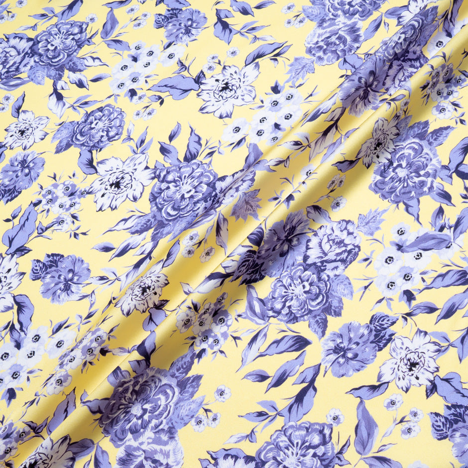 Lavender Floral Printed Yellow Pure Silk Twill