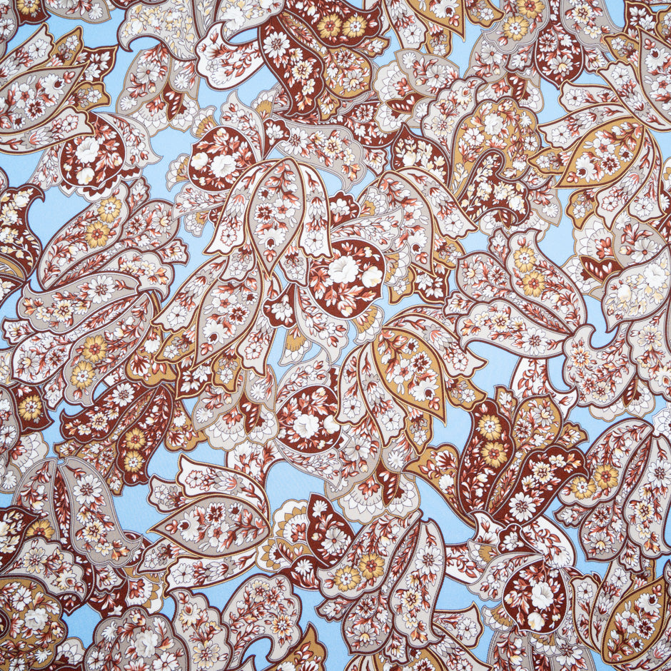 Brown & Grey Floral Printed Sky Blue Silk Twill