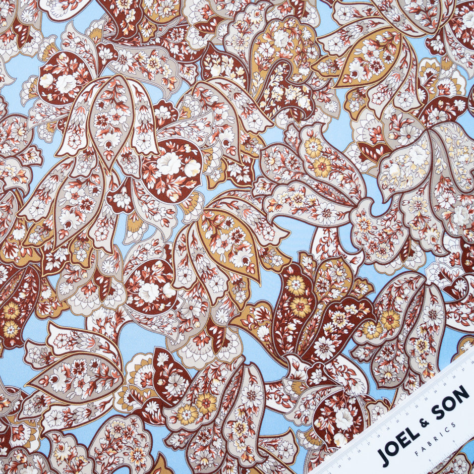 Brown & Grey Floral Printed Sky Blue Silk Twill