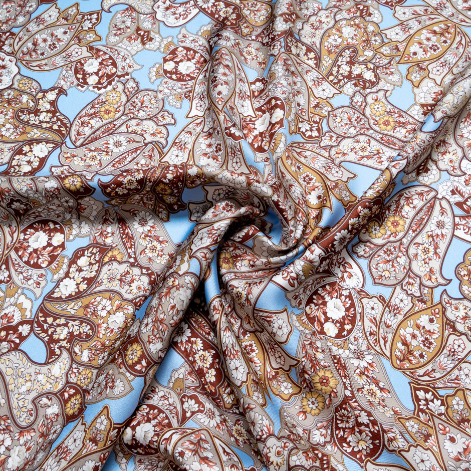 Brown & Grey Floral Printed Sky Blue Silk Twill