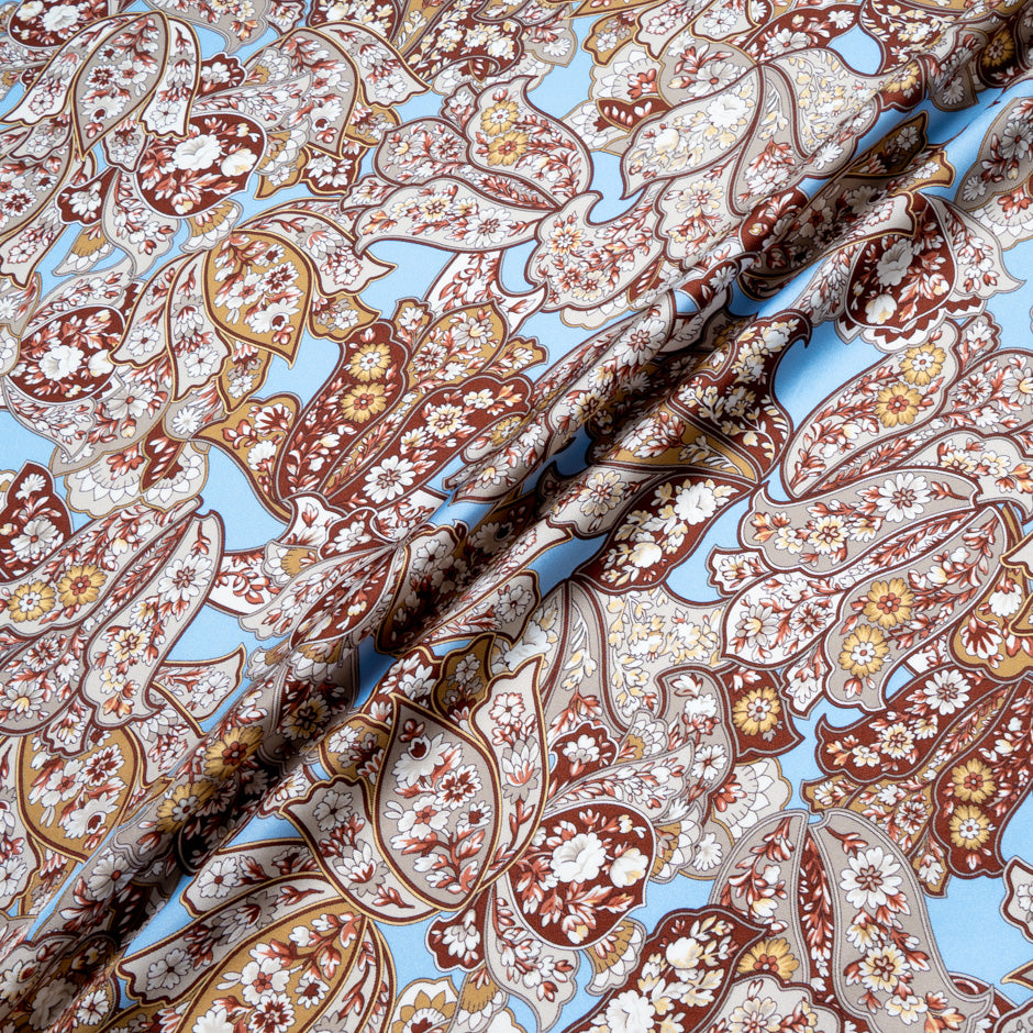 Brown & Grey Floral Printed Sky Blue Silk Twill