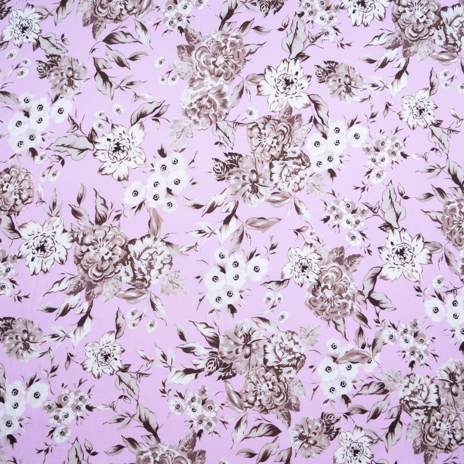 Brown Floral Printed Pink Pure Silk Twill