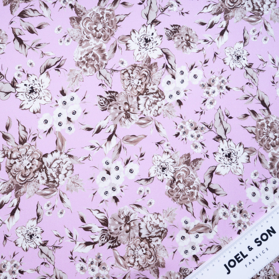 Brown Floral Printed Pink Pure Silk Twill