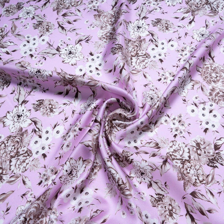 Brown Floral Printed Pink Pure Silk Twill