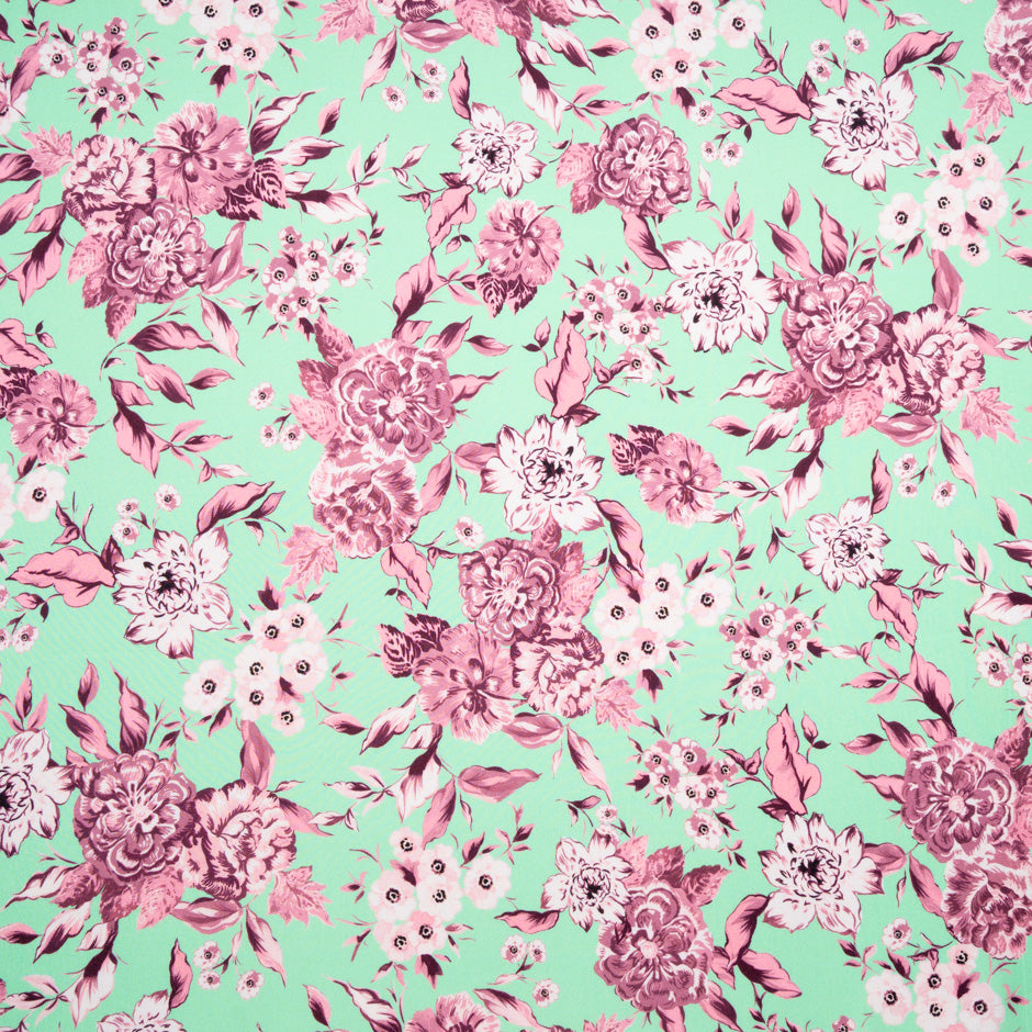 Rose Pink Floral Printed Mint Pure Silk Twill