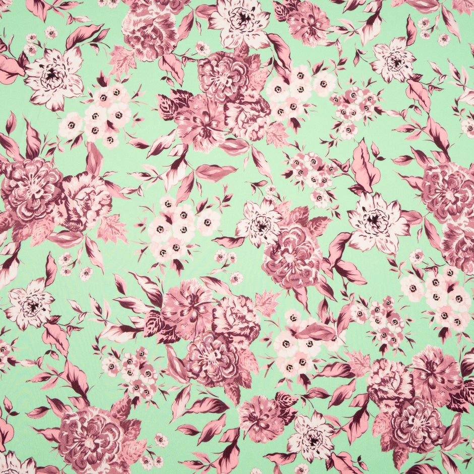 Rose Pink Floral Printed Mint Pure Silk Twill