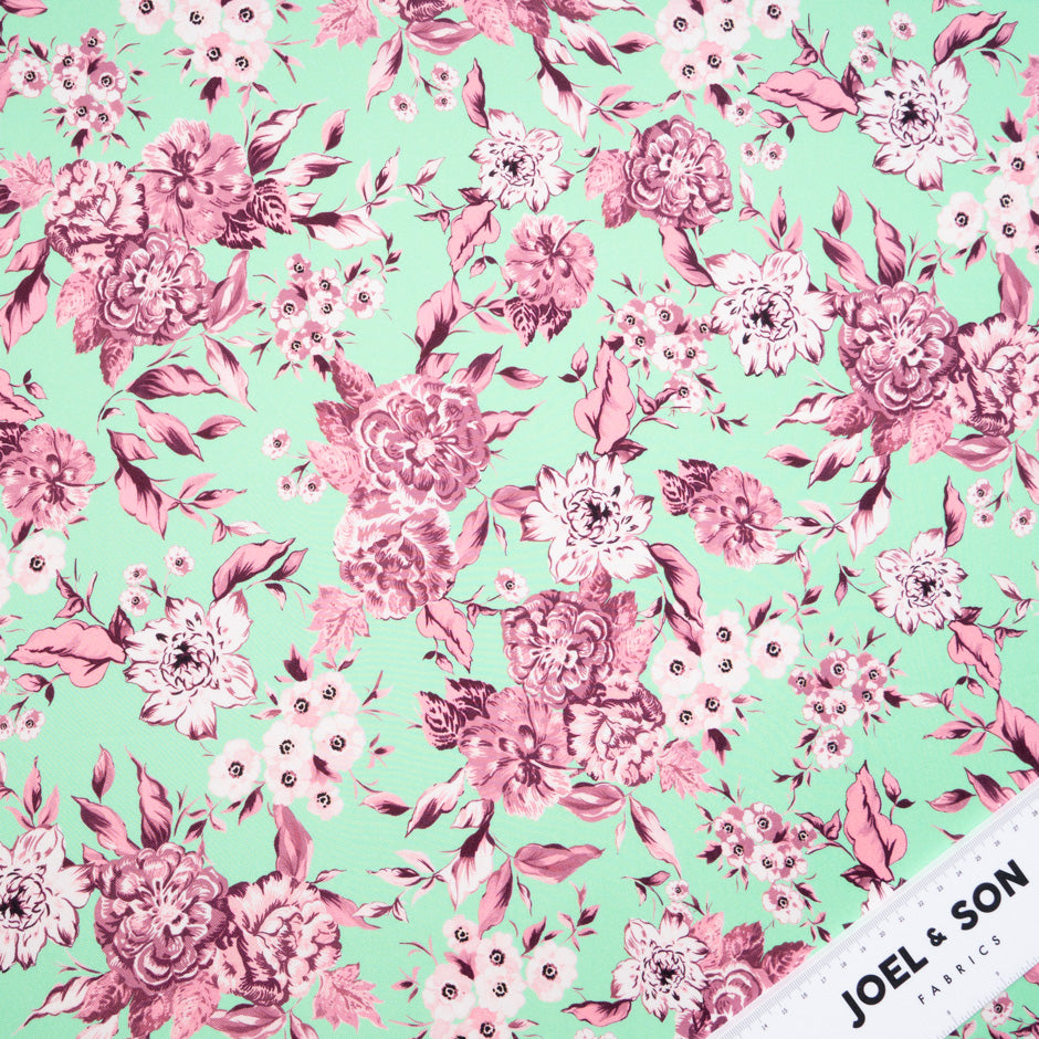 Rose Pink Floral Printed Mint Pure Silk Twill