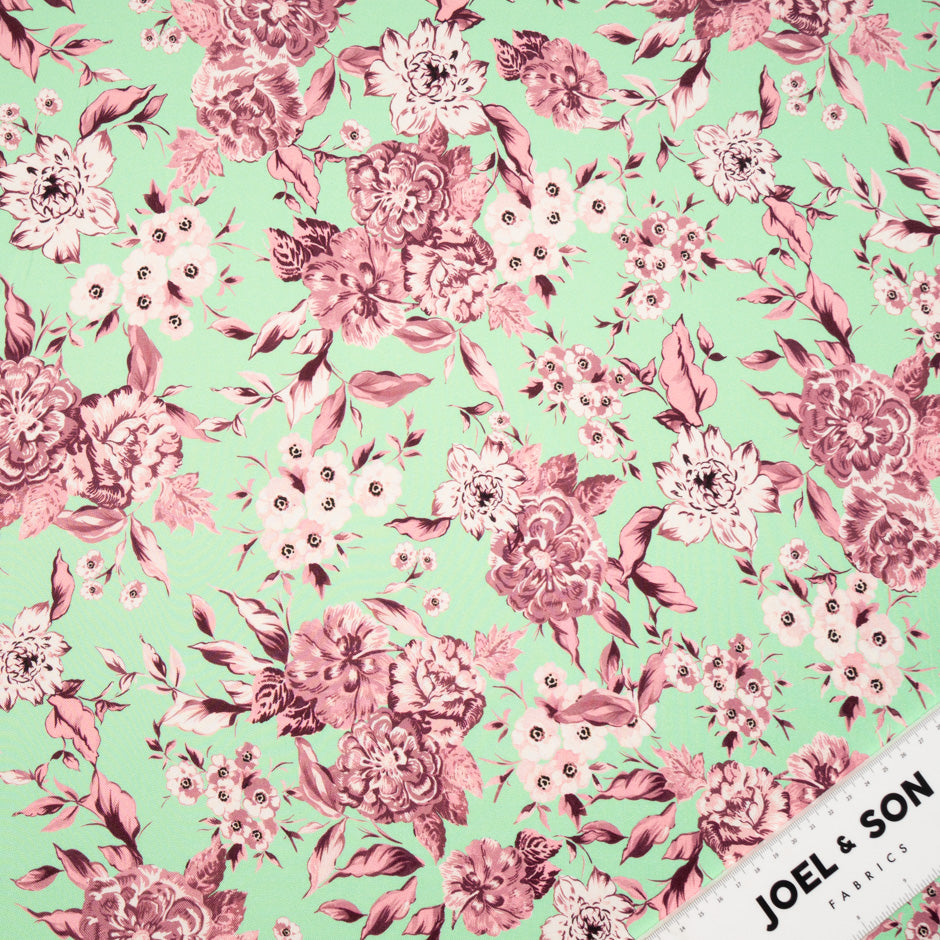 Rose Pink Floral Printed Mint Pure Silk Twill