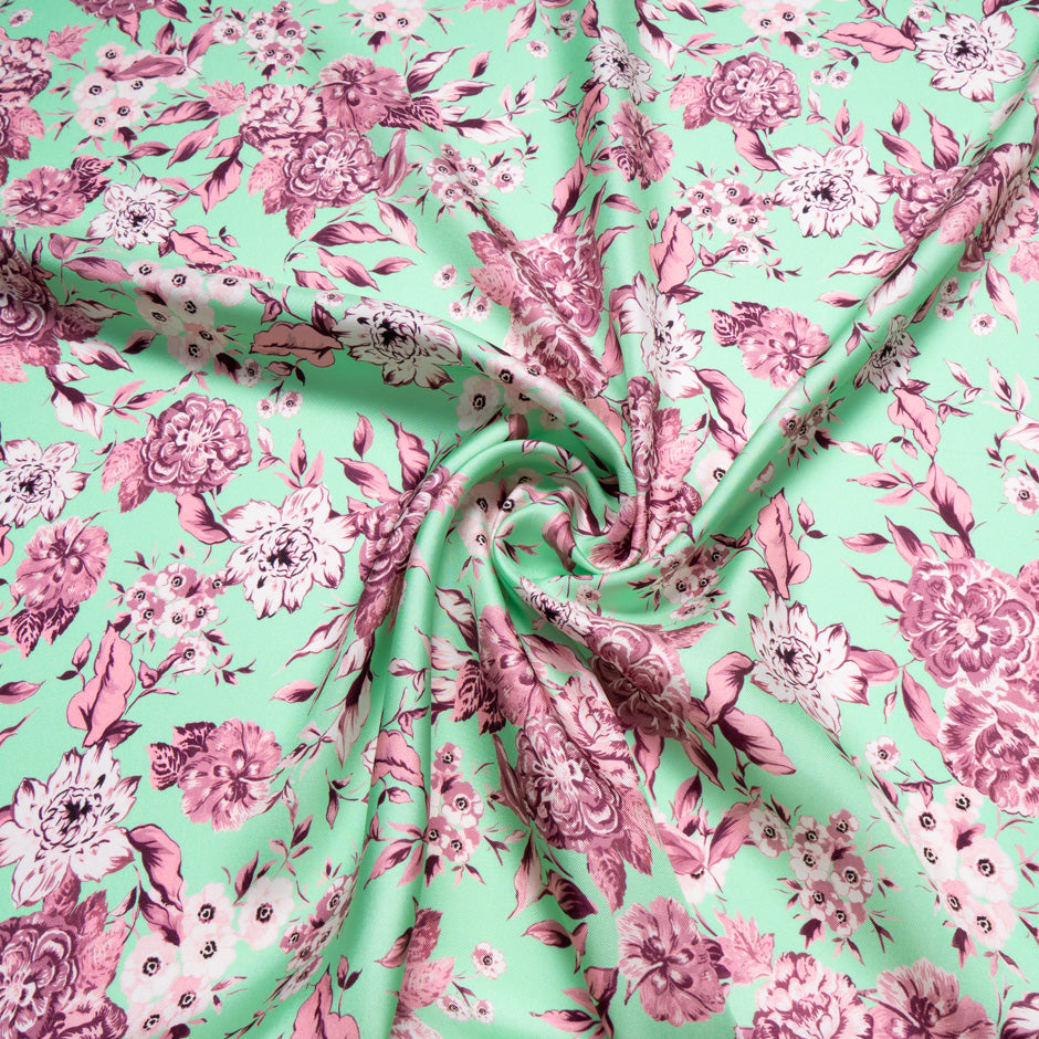 Rose Pink Floral Printed Mint Pure Silk Twill