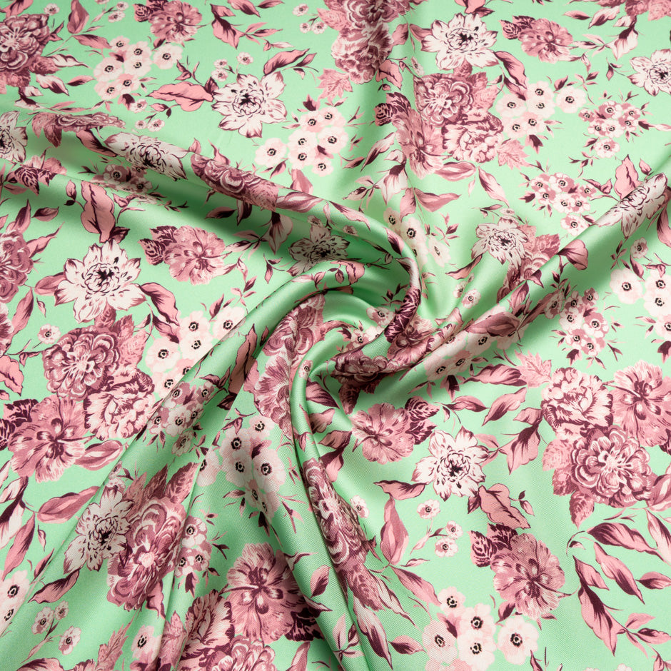Rose Pink Floral Printed Mint Pure Silk Twill