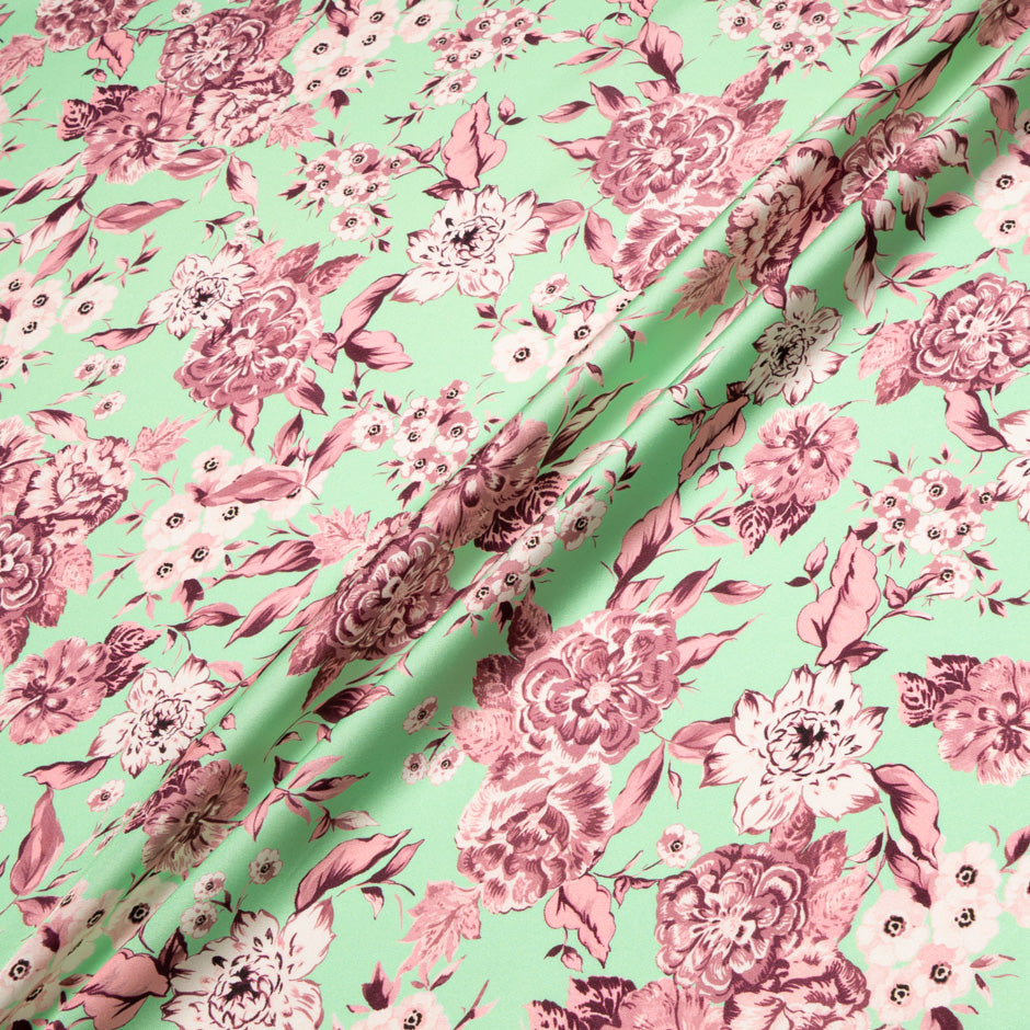 Rose Pink Floral Printed Mint Pure Silk Twill