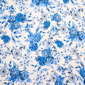 Blue Floral Printed Ivory Pure Silk Twill