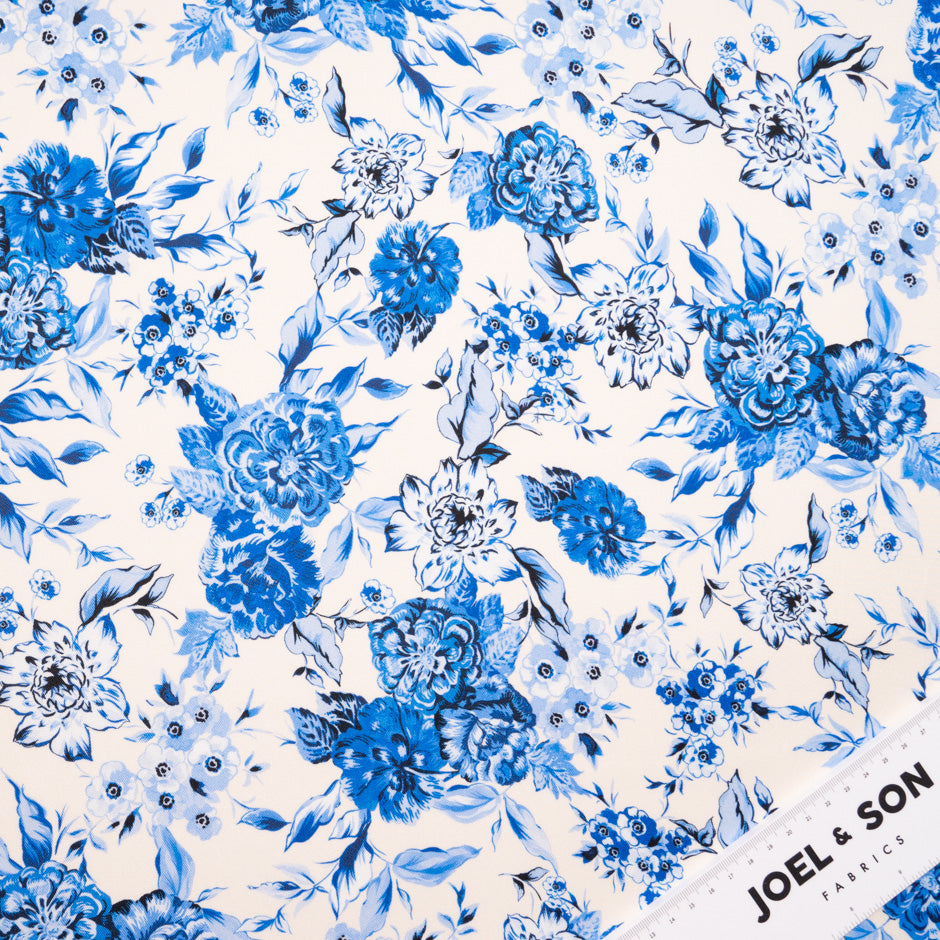 Blue Floral Printed Ivory Pure Silk Twill