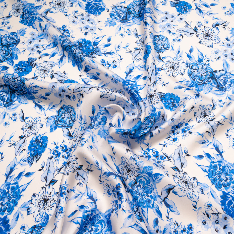 Blue Floral Printed Ivory Pure Silk Twill