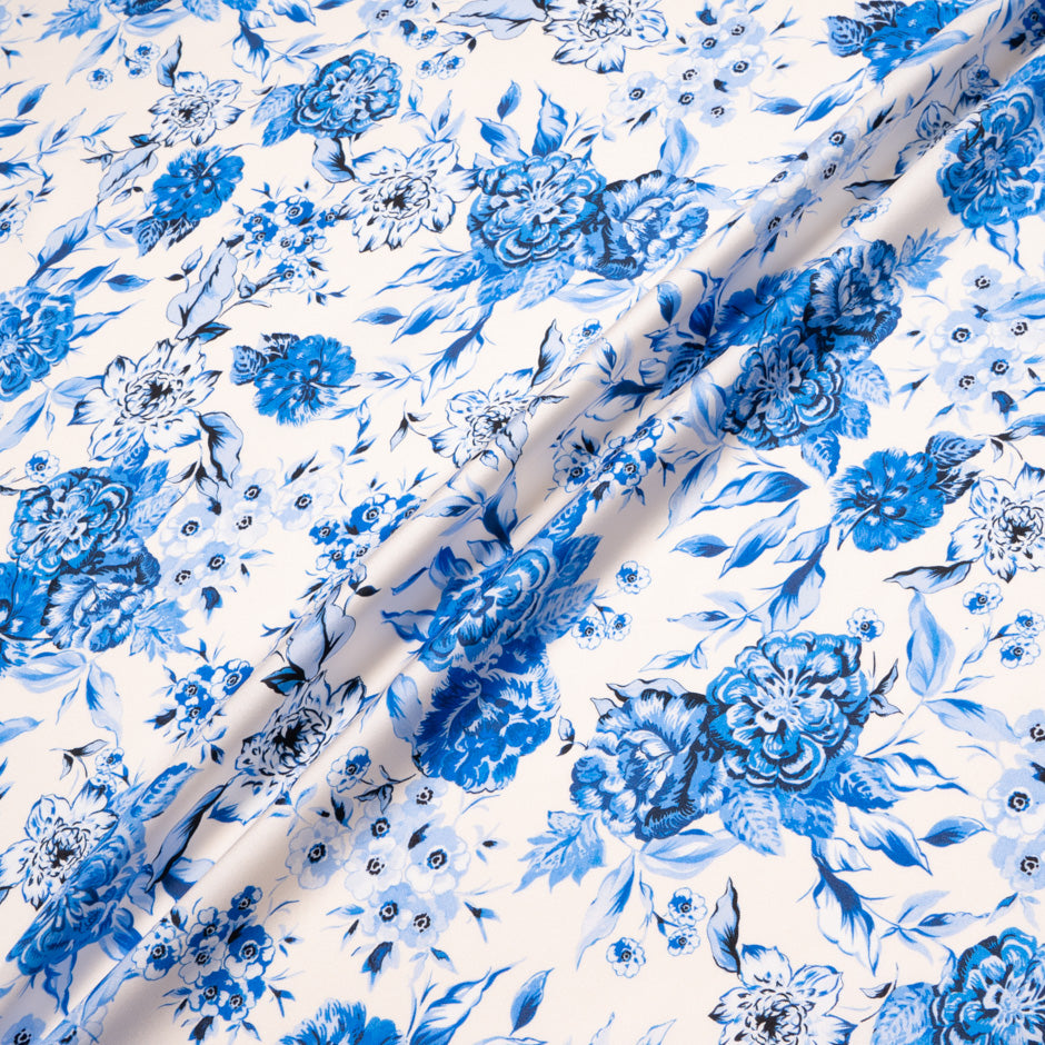 Blue Floral Printed Ivory Pure Silk Twill