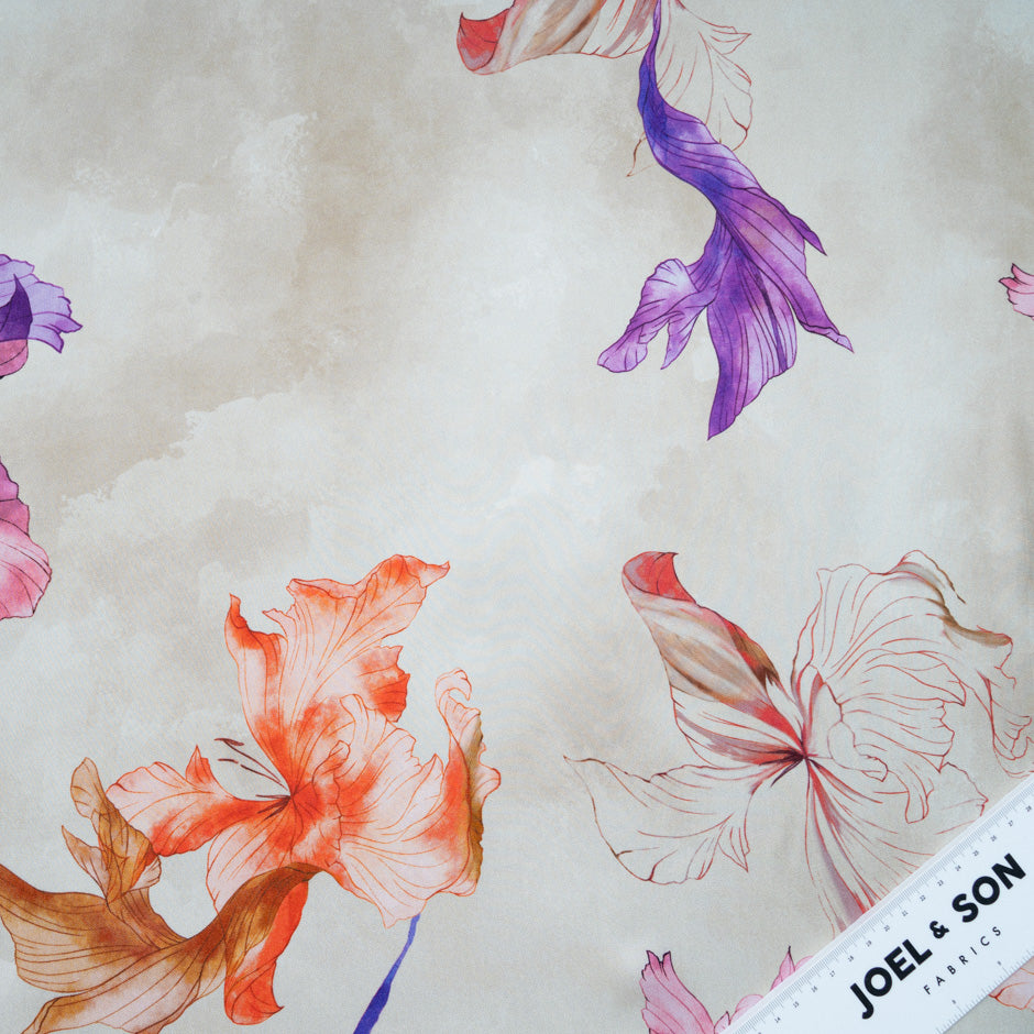 Floral Printed Pale Taupe Pure Silk Twill