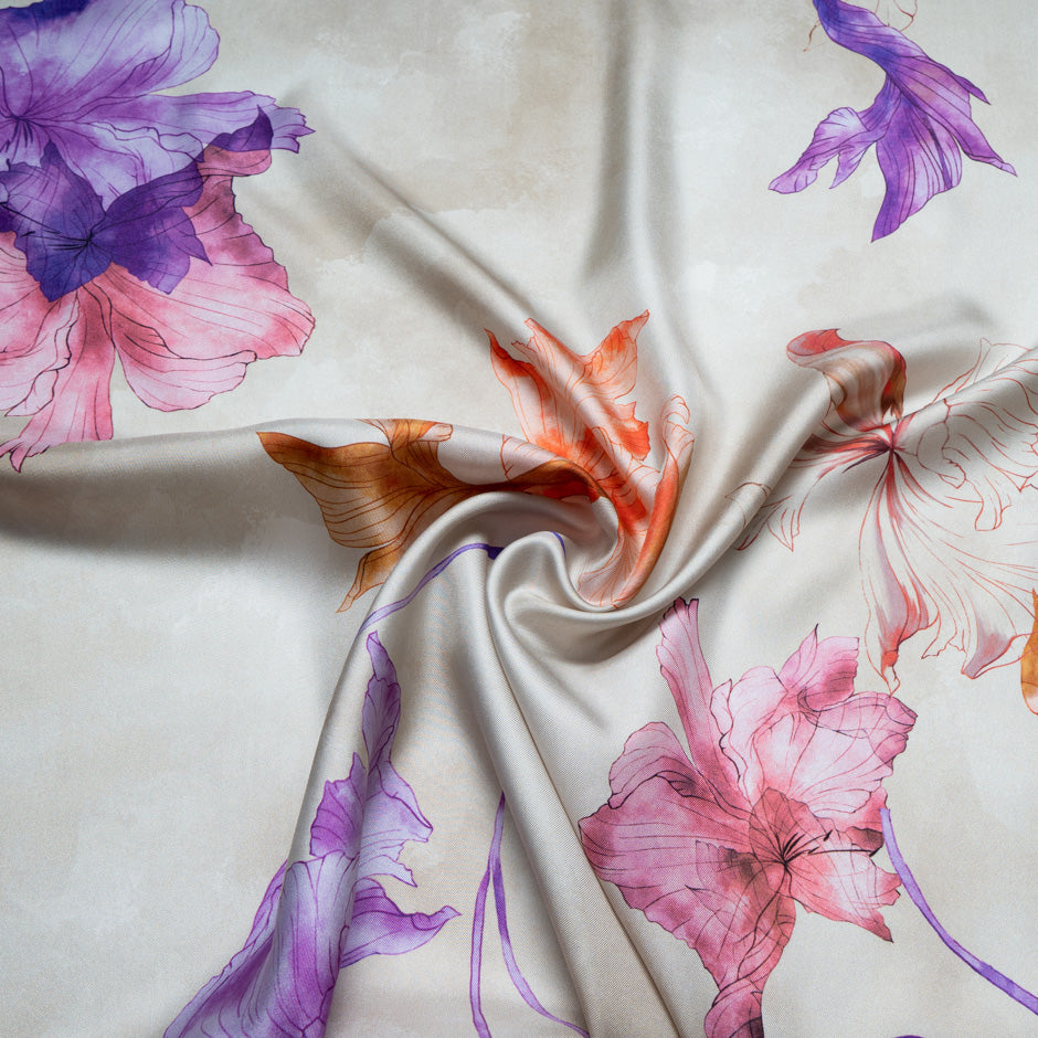 Floral Printed Pale Taupe Pure Silk Twill