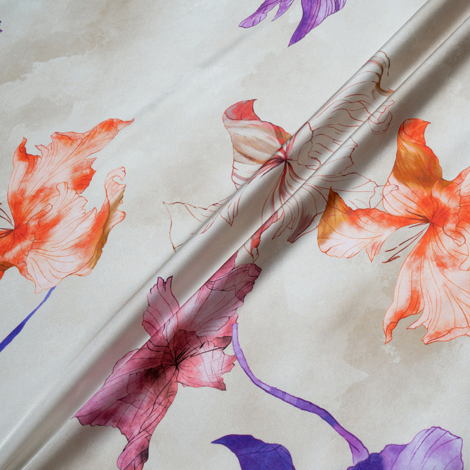 Floral Printed Pale Taupe Pure Silk Twill