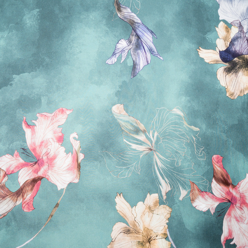 Floral Printed Sea Green Pure Silk Twill